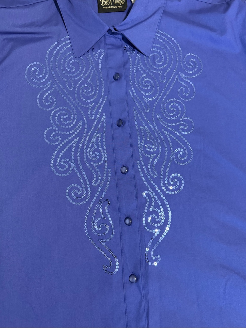 Bob Mackie Wearable Art 3X Blue Sequin Scroll Button Front Blouse Plus Size - Picture 10 of 11